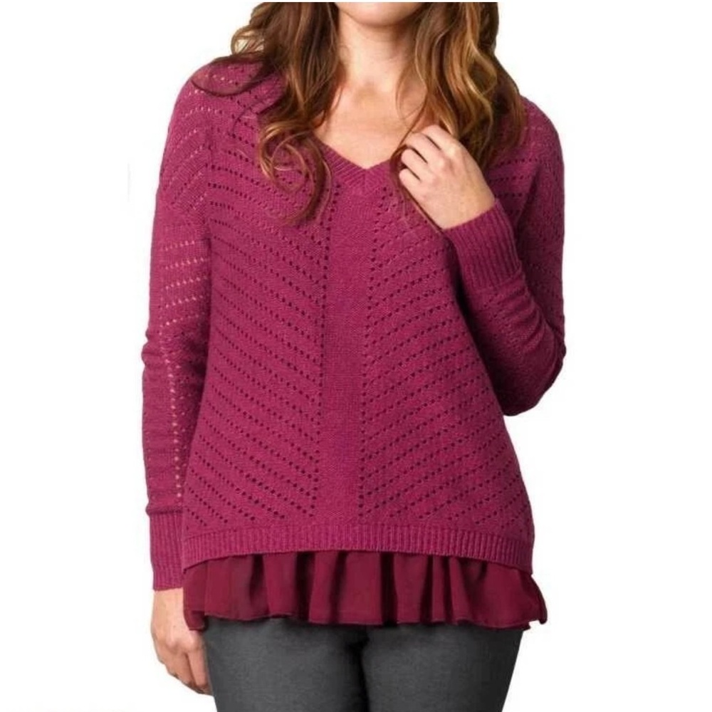 Prana Ellery Ruffle Hem Knit Pullover Plum Red V-Neck Sweater, Women's Medium